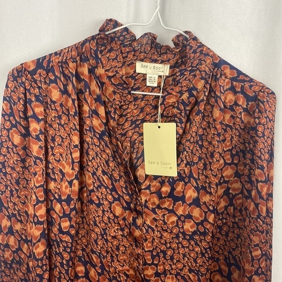 Anthropologie See U Soon Orange Navy Blue Splotch Animal Print Blouse - Size S - Picture 4 of 12